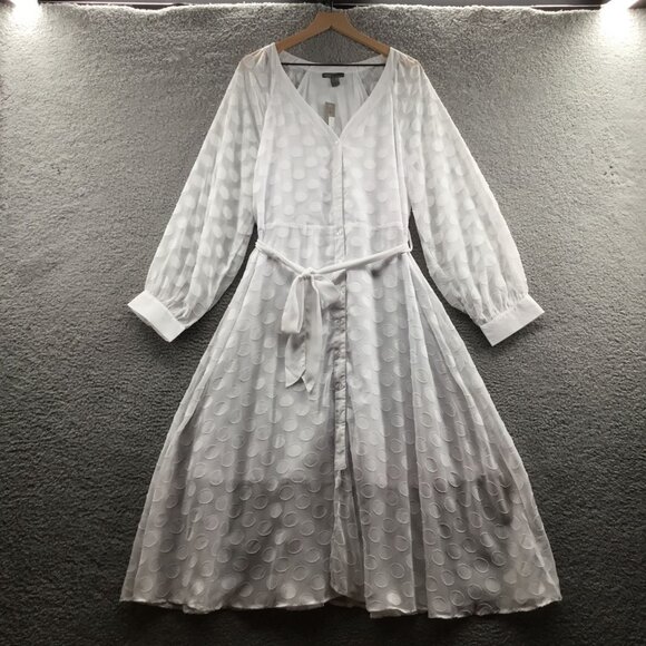 Love By Design Belted Button Front Chiffon Midi‎ Dress White 1X - Picture 1 of 3